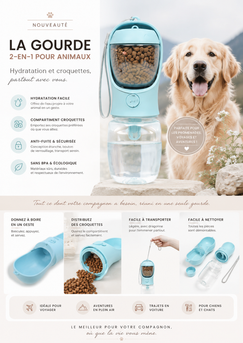 Gourde 2-en-1 pour Chien et Chat – Eau & Nourriture en Balade