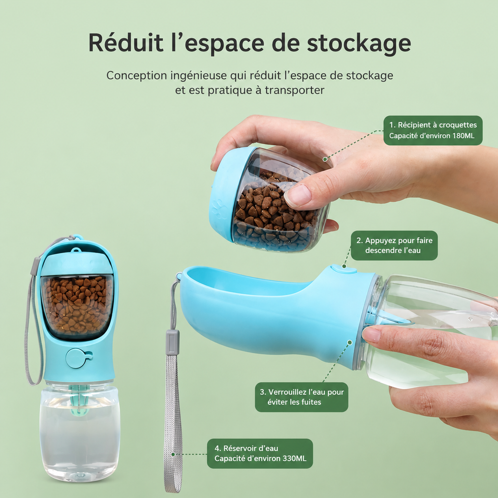 Gourde 2-en-1 pour Chien et Chat – Eau & Nourriture en Balade