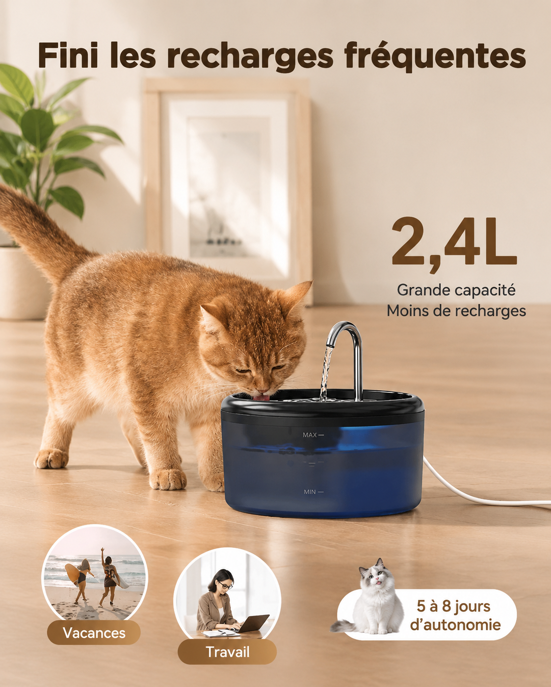 Fontaine à Eau Automatique 2,4L – Hydratation Silencieuse pour Chats & Chiens