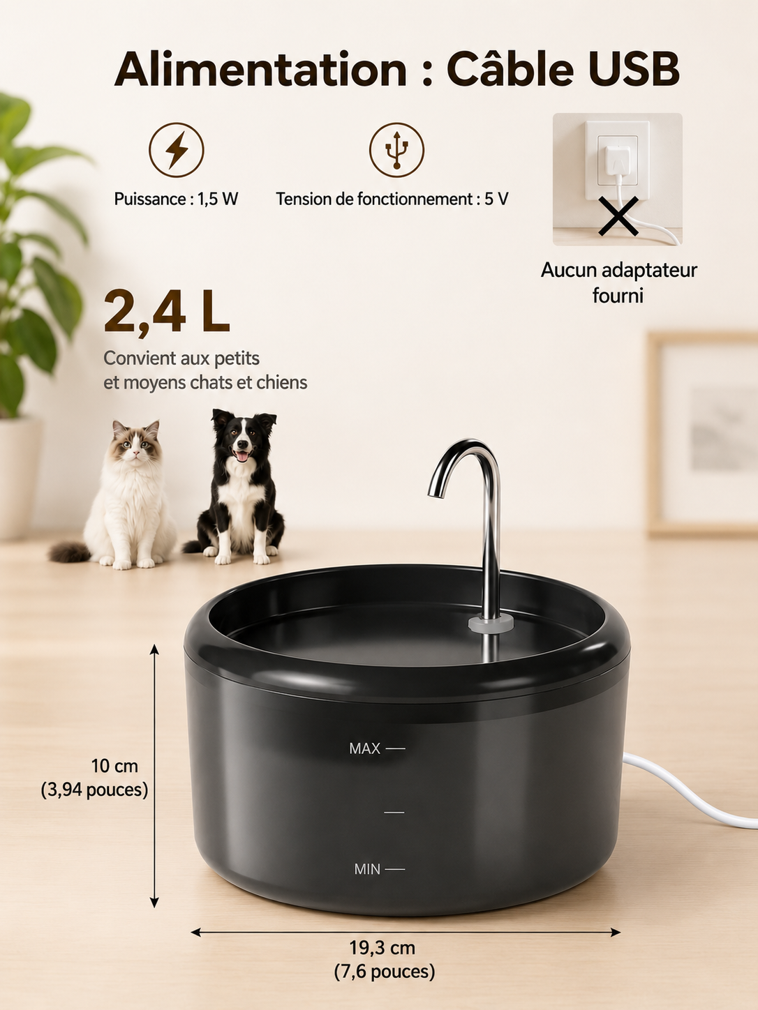 Fontaine à Eau Automatique 2,4L – Hydratation Silencieuse pour Chats & Chiens